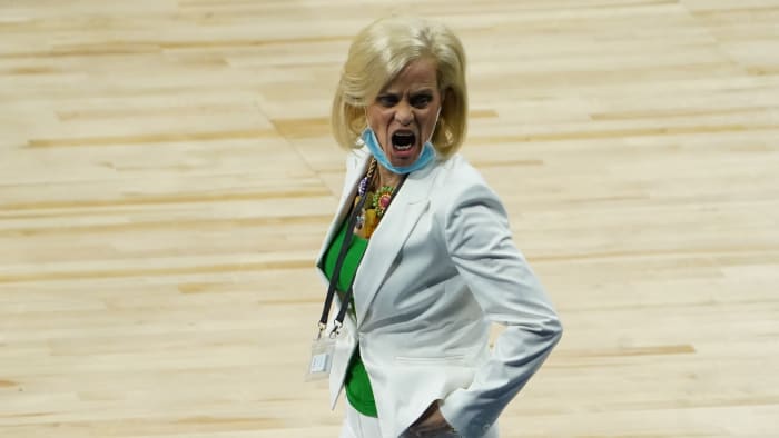 Baylor women's basketball coach reacts during the Elite Eight matchup against UConn